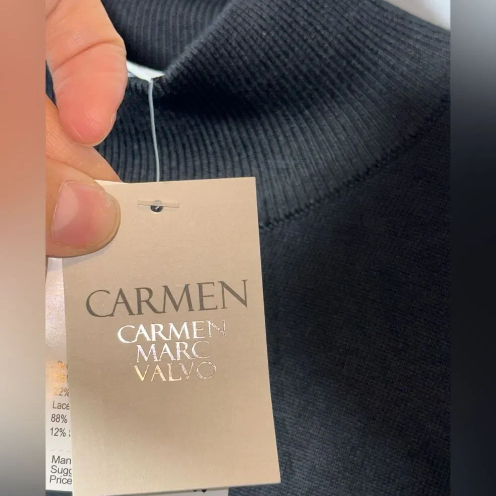 Carmen Marc Valvo Mock Turtleneck Black Women's Lace Long Sleeve Top Size S NWT - Picture 3 of 7